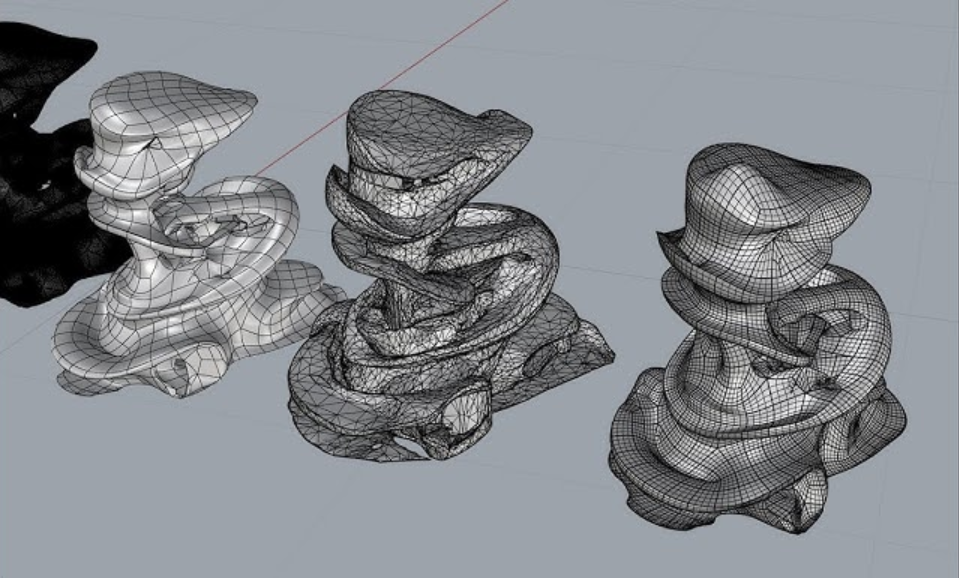 Four stages of 3D mesh retopology showing polygon reduction on a sculpted model