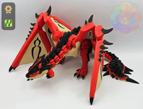 Red and black Rathalos flexi articulated 3D-printed dragon model.