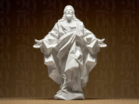 Modern 3D printed geometric Jesus statue.  