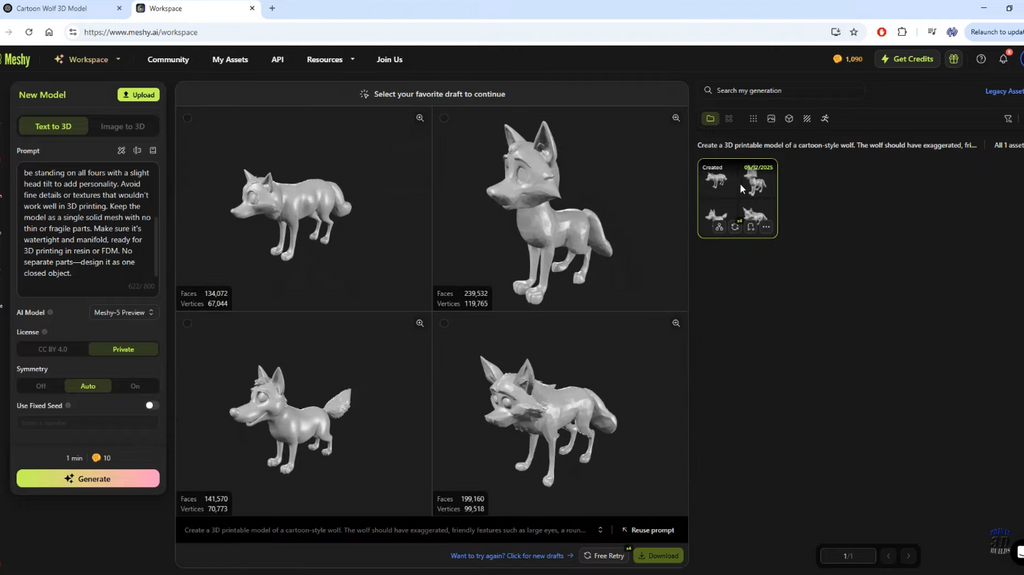 Meshy AI interface displaying four generated 3D cartoon wolf drafts.