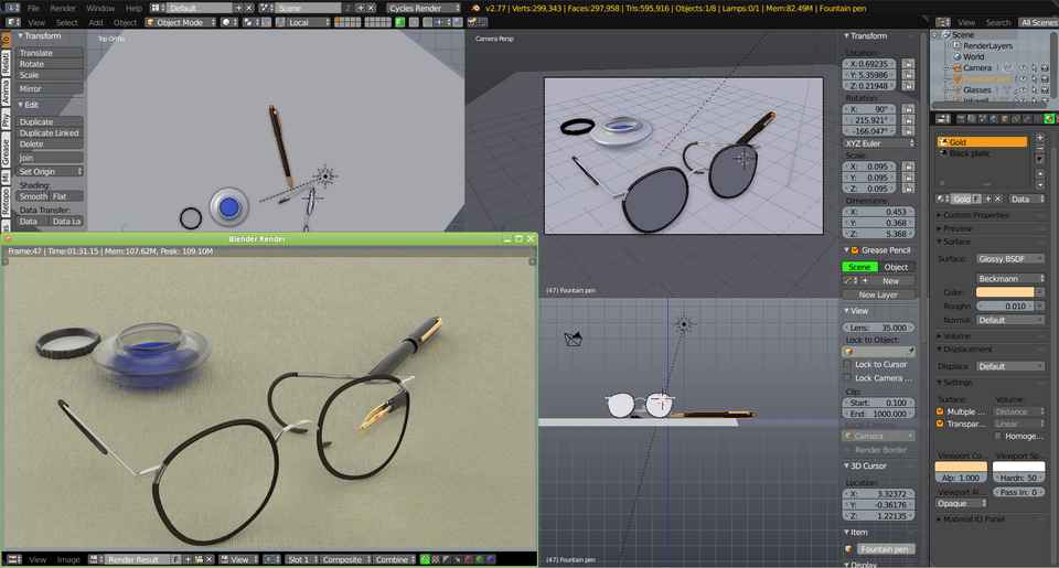 Blender 3D software workspace displaying 3D eyeglasses and pen models with render preview