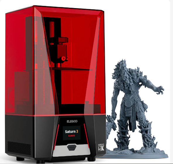Elegoo Saturn 3 12K resin printer displayed next to a highly detailed, professional-grade 3D printed miniature