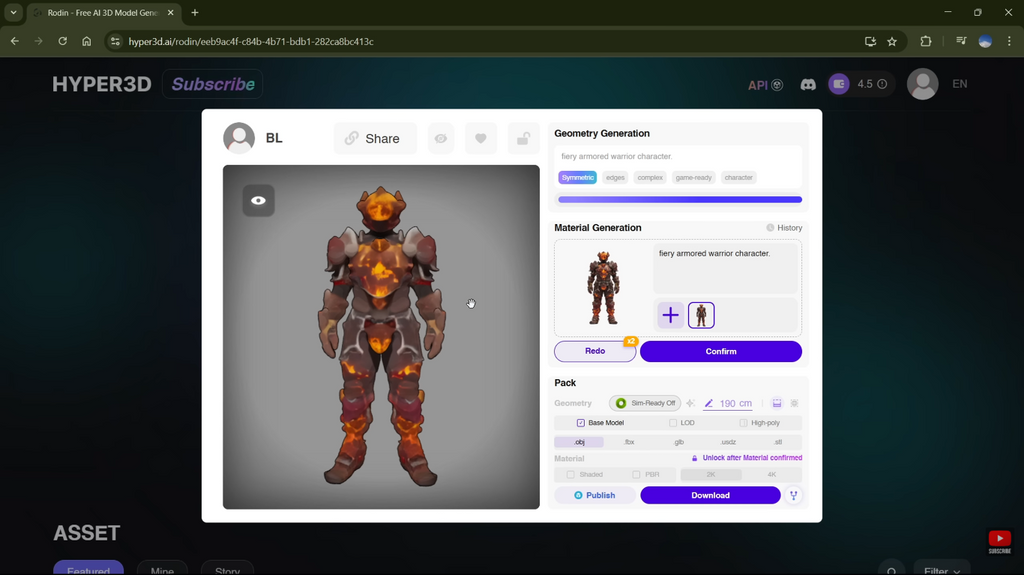 Finalizing geometry and PBR material generation settings for a 3D character in the Rodin app
