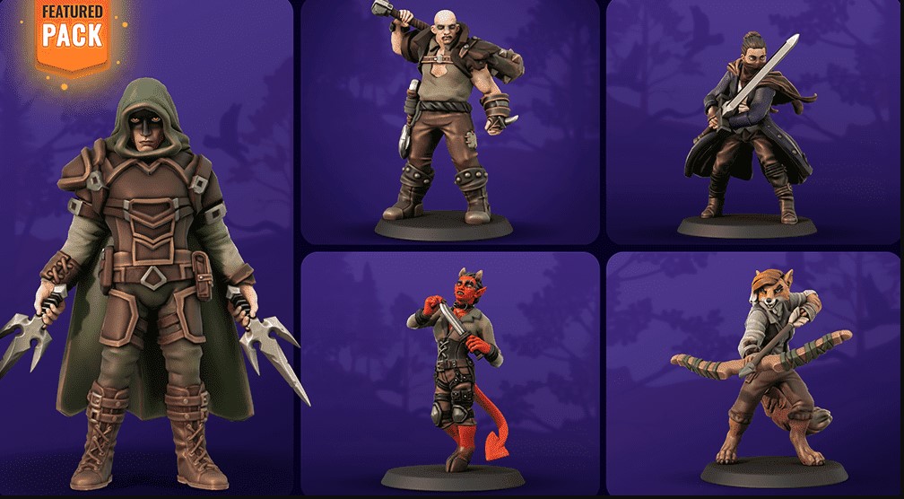 A digital catalog displaying five highly detailed 3D printable fantasy tabletop miniatures