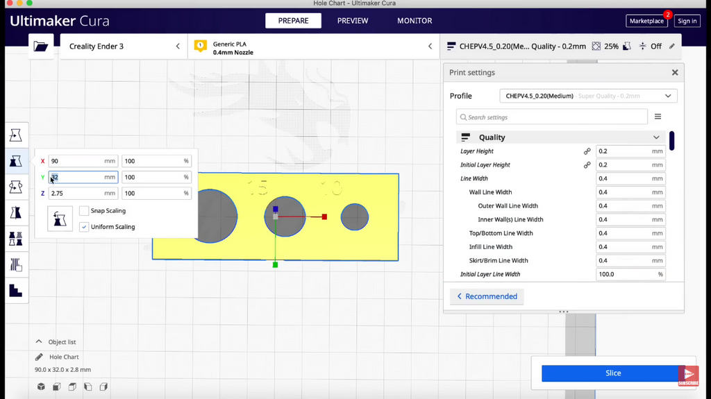 Screenshot of the Ultimaker Cura software interface showing the test model imported and ready for slicing, with the dimension panel visible on the left.