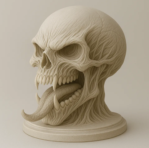 3D-printed bone-colored monster skull with sharp fangs and a long protruding tongue.