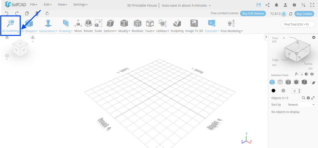 SelfCAD workspace toolbar highlighting the AI modeling tool button with a blue arrow