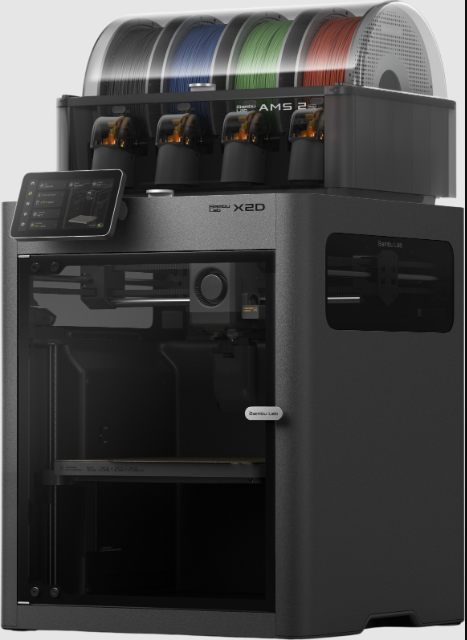 The compact Bambu Lab X2D Combo 3D printer featuring two nozzles and the AMS filament management system.