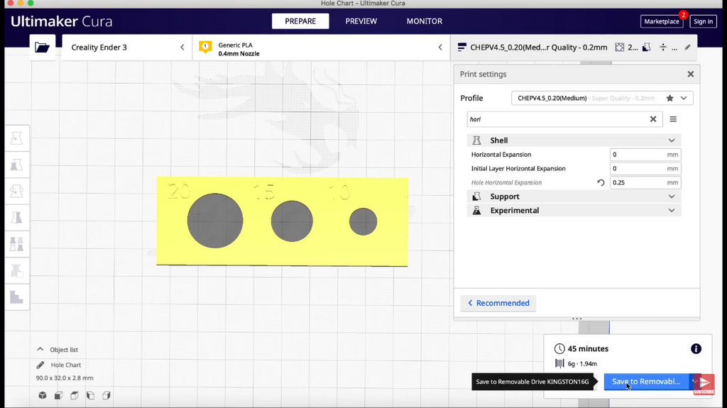 The Ultimaker Cura interface showing the modified model after applying hole horizontal expansion settings, ready for the re-slicing and printing process.