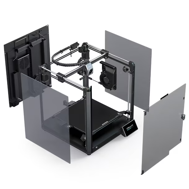 An exploded view of the Creality K1 Max showing its robust enclosure, stiff frame, and flexible steel PEI plate