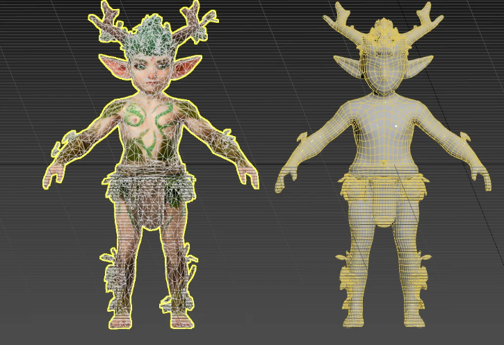 Side-by-side view of an AI-generated 3D fantasy character model and its wireframe topology