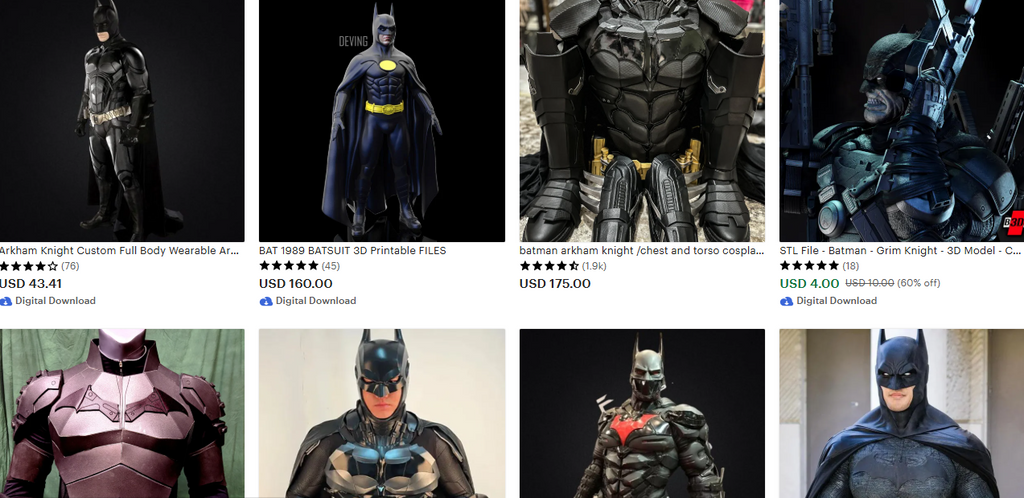 A screenshot of an Etsy search page showing a collection of 3D printable Batman suit pieces, helmets, and armor files sold by independent designers