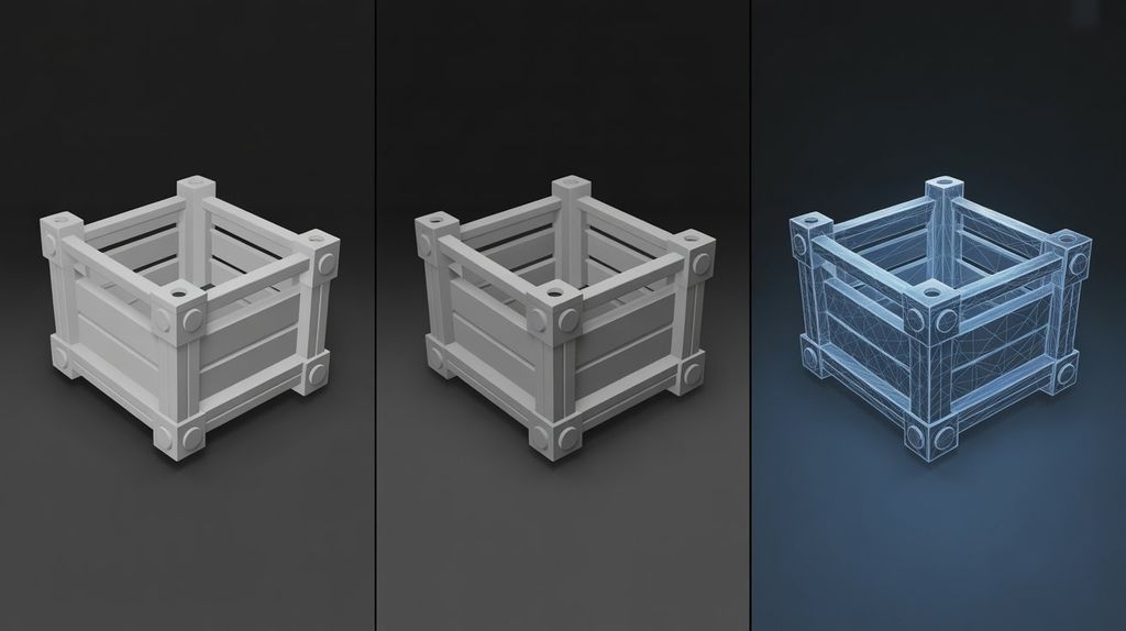 Comparison of a hard-surface 3D crate model showing the solid render next to its optimized game-ready wireframe topology