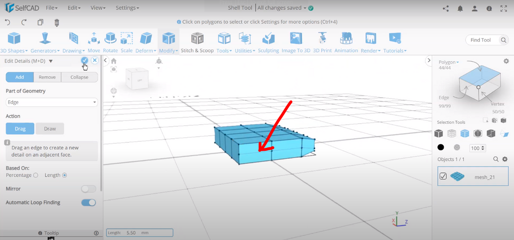 3D object editing in SelfCAD