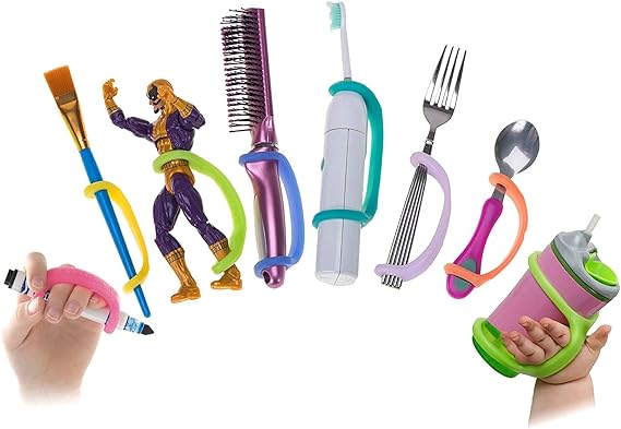 Hands using colorful EazyHold adaptive grips on a toothbrush, fork, and toys.