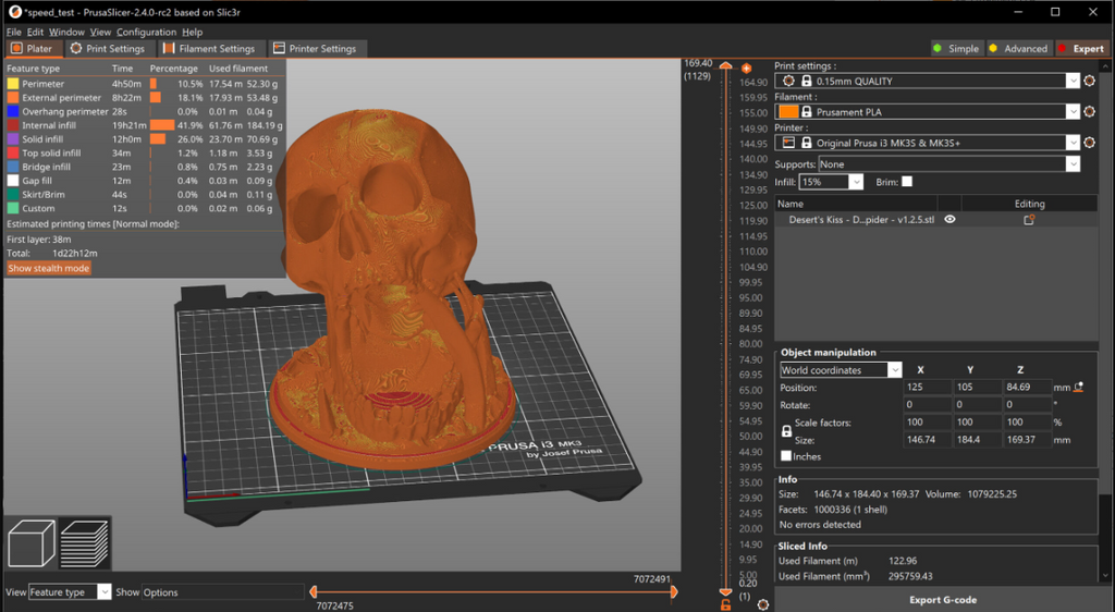 The PrusaSlicer software interface showing a 3D skull model and its well-organized, technical layout.