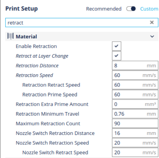 the Ultimaker Cura print setup panel, specifically focusing on the expanded "Material" section to show various parameters like Retraction Distance and Retraction Speed.