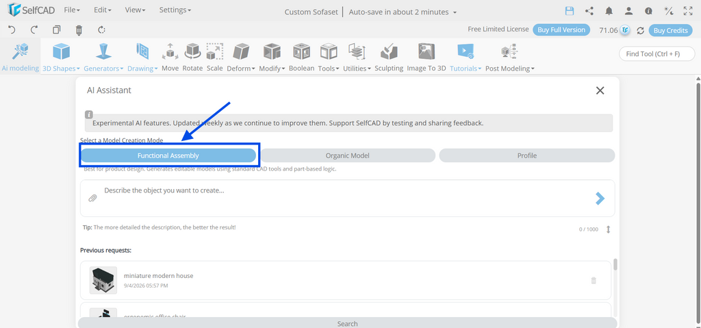 SelfCAD AI Assistant dialog highlighting the Functional Assembly creation mode