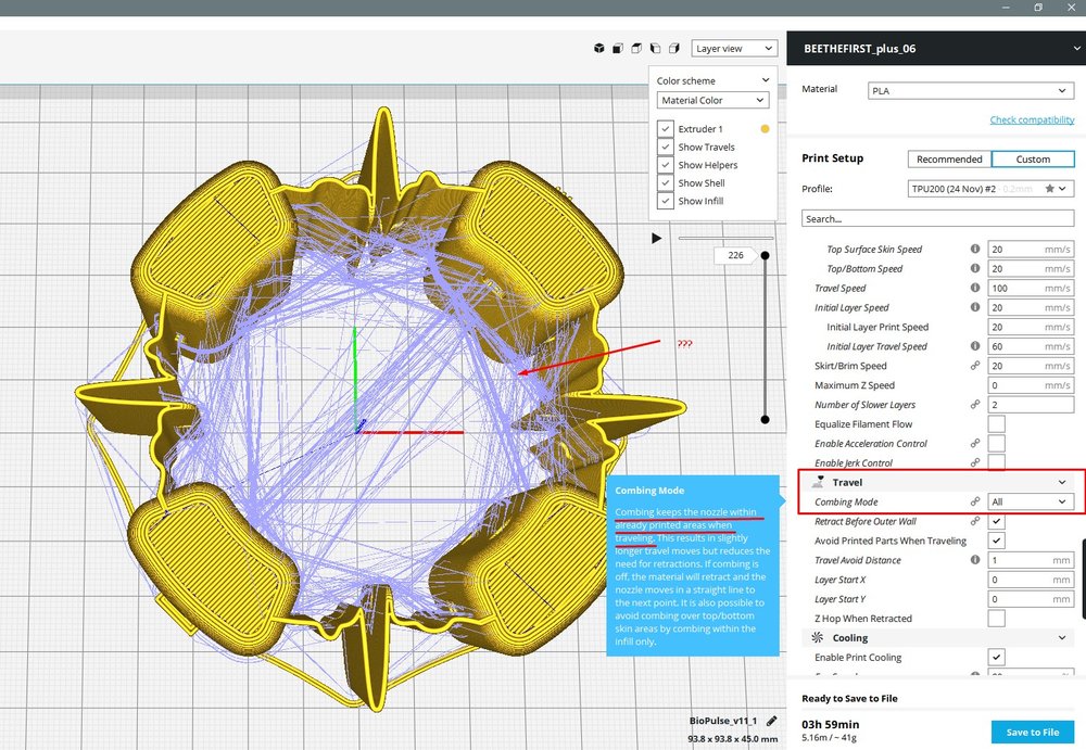 he Ultimaker Cura interface displaying a complex yellow 3D model with blue travel lines in preview mode, with a tooltip explaining the "Combing Mode" parameter in the print settings panel.