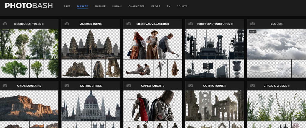 Photobash website highlighting curated, multi-angle photo packs for environment artists