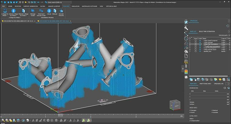 Materialise Magics interface showing metal 3D print preparation and automated support generation