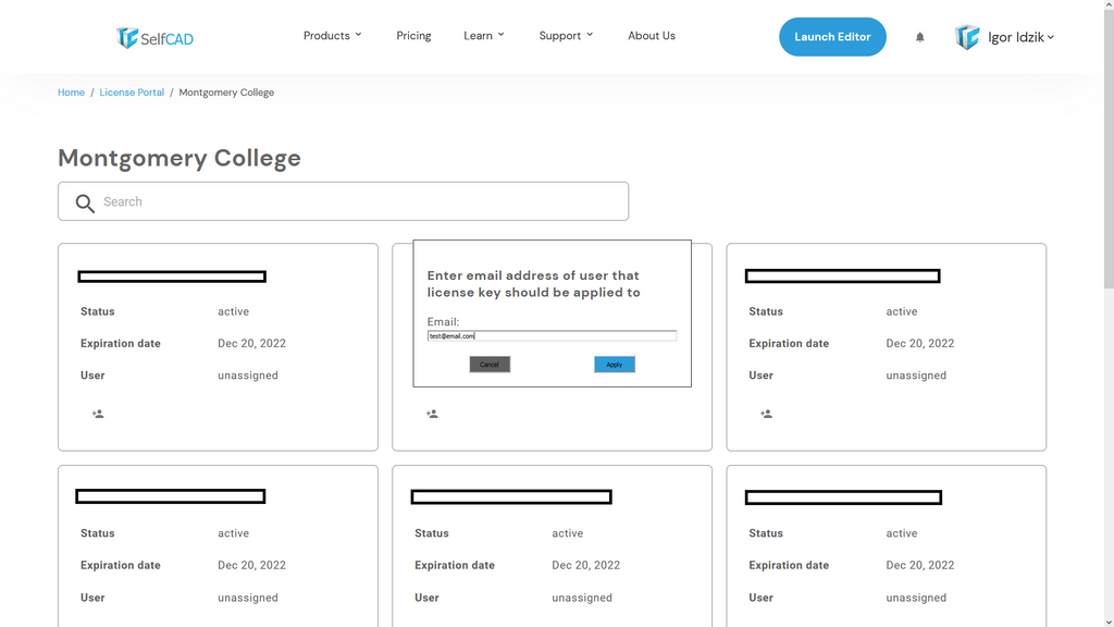 Type in user's email and click Apply