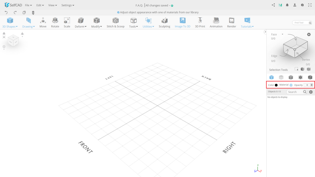 You will find textures in the right-side panel, alongside option to change the color of the object and its opacity