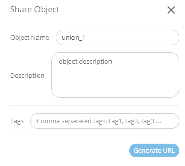 Before sharing, you can customize the name of the object, its description and tags, that will be visible for those opening it