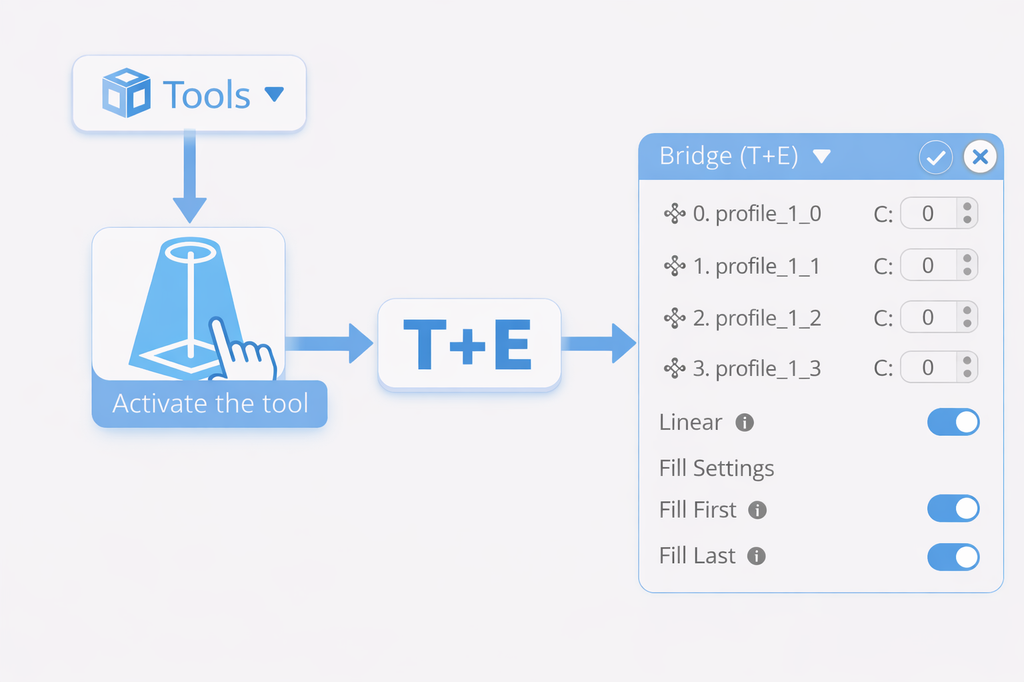 Once the objects are positioned and selected, you can access the tool itself. To activate the Bridge tool, you need to select it from the Tools drop-down list in the Main Toolbar or use a shortcut by using the 'T+E' combination on your keyboard. This way, you’ll open a Tool Setting Panel with all of the customizable options for this feature on the left-hand side of your screen.