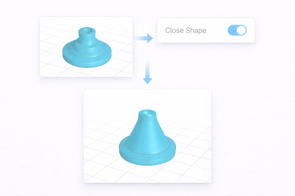 Close Shape works a little like adding thickness to the object. Enabling this option will connect the first profile with the last one, which will add volume to the object and make it manifold.