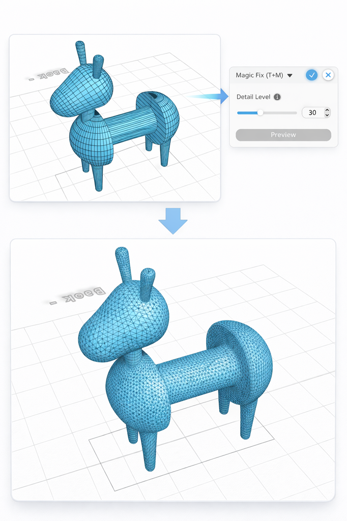 And now, you can fix the topology of the selected object. There is only one setting available for the Magic Fix, called the Detail Level, and it allows you to customize the overall resolution of the rebuilt model. The higher the value, the more dense and detailed the output.