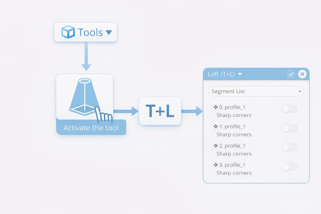 After selecting the profiles, you can open the Loft tool by selecting it from the Tools category or by using a shortcut