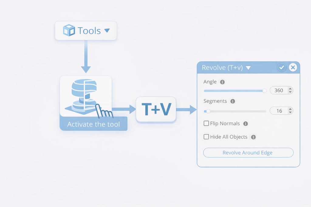 After selecting the profile for revolve, activate the Revolve tool by selecting it from the Tools category, or use a shortcut