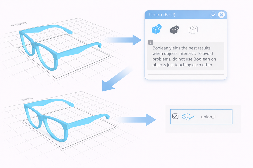 Choose the Union option to combine multiple objects into a single mesh