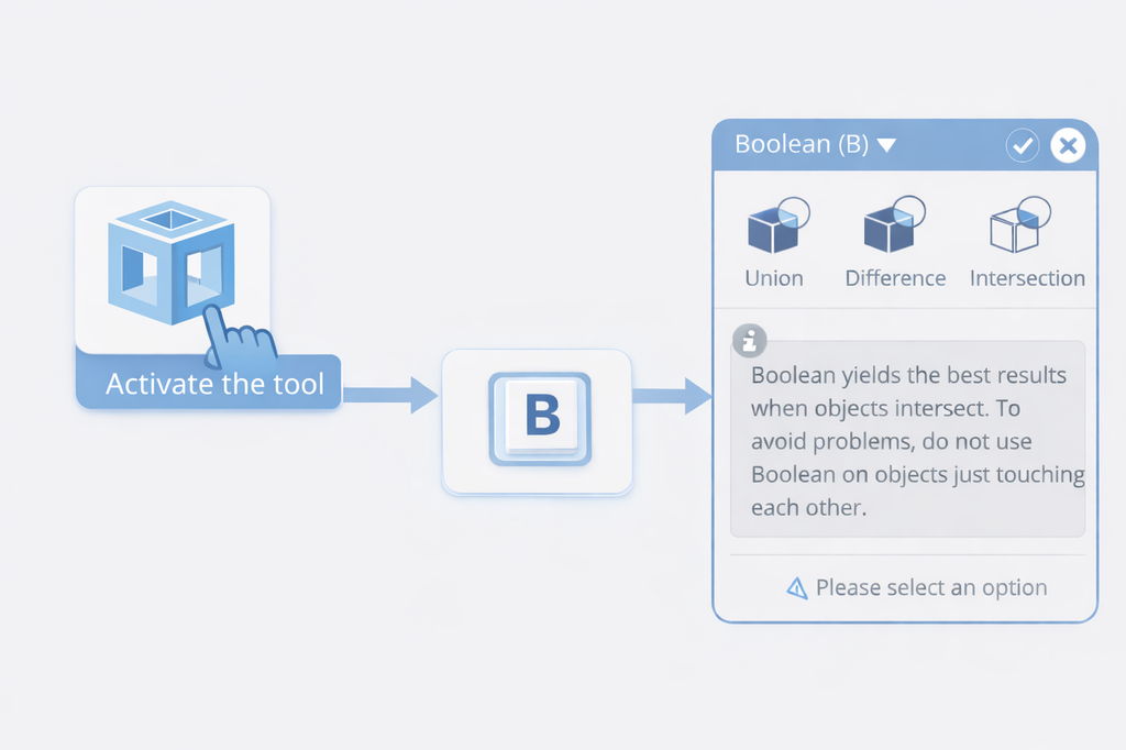 Activate the Boolean tool to open the panel with available boolean operations