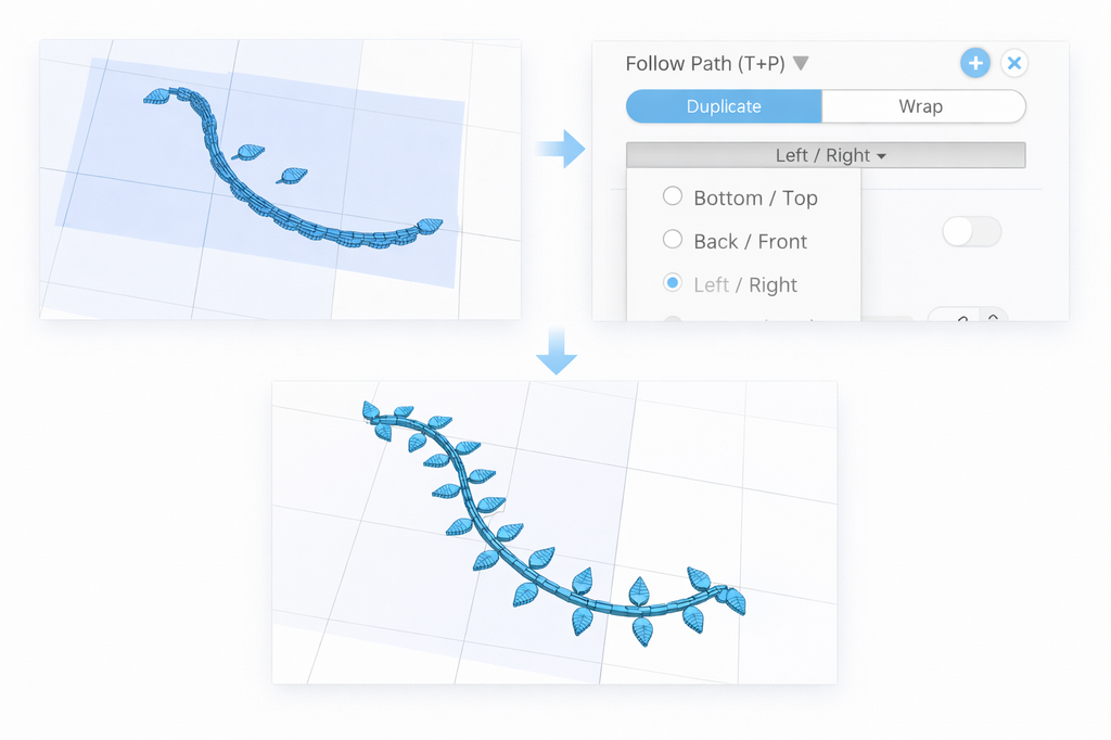First mode is Duplicate, which creates copies of the object along the specified path. Right below is the Plane option will helps you rotate the object for the Follow Path so the result is aligned with your expected result.