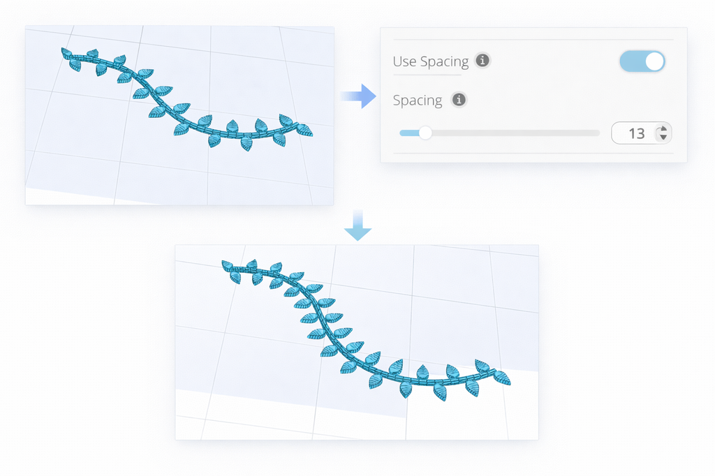 Spacing changes how the copies are distributed on the path. By default, you can simply set up the number of copies, however with Spacing you can set up a distance between copies, and the software will calculate their number on the path.