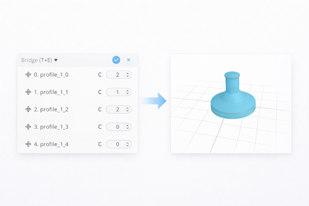 The first section of the Bridge tool is called Segment List. Here, you will find a list of all available profiles, where you can select them and add Rotation to the Bridge. You can also drag the profiles to switch up the order in which they will connect.