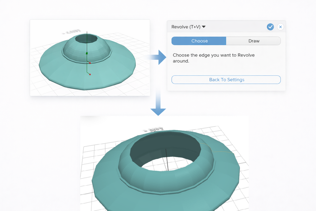 Revolve around edge allows you to select a custom point in the workspace that will be used as the center of the revolve