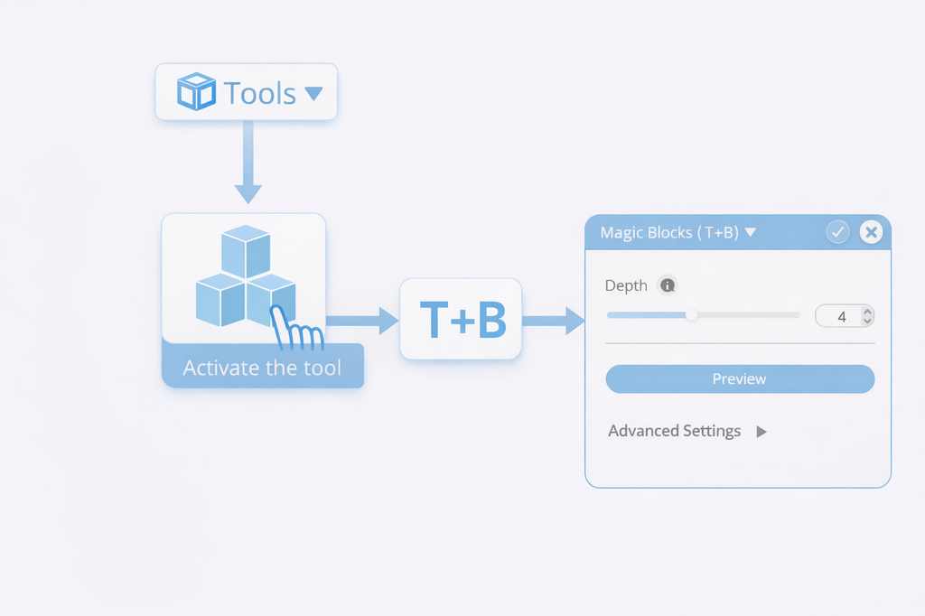 Once the object is selected, you can activate the Magic Blocks tool by selecting it from the Tools drop-down list or use a shortcut by pressing the 'T+B’ combination on your keyboard. This way, you will open a Tool Setting Panel with all of the customizable options for this tool on the left-hand side of your screen.
