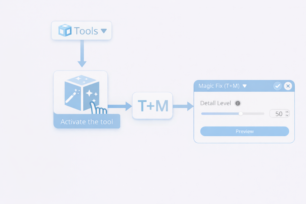 Once the object is selected, you can activate the Magic Fix tool by selecting it from the Tools drop-down list or use a shortcut by pressing the 'T+M’ combination on your keyboard. This way, you’ll open a Tool Setting Panel with all of the customizable options for this tool on the left side of your screen.