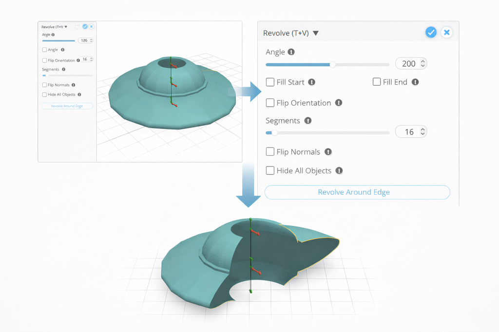 You can set the angle of rotation of revolve by moving the slider - by default the tool will make a 360 degree rotation of the profile, but you can lower that option to cut out a piece of it