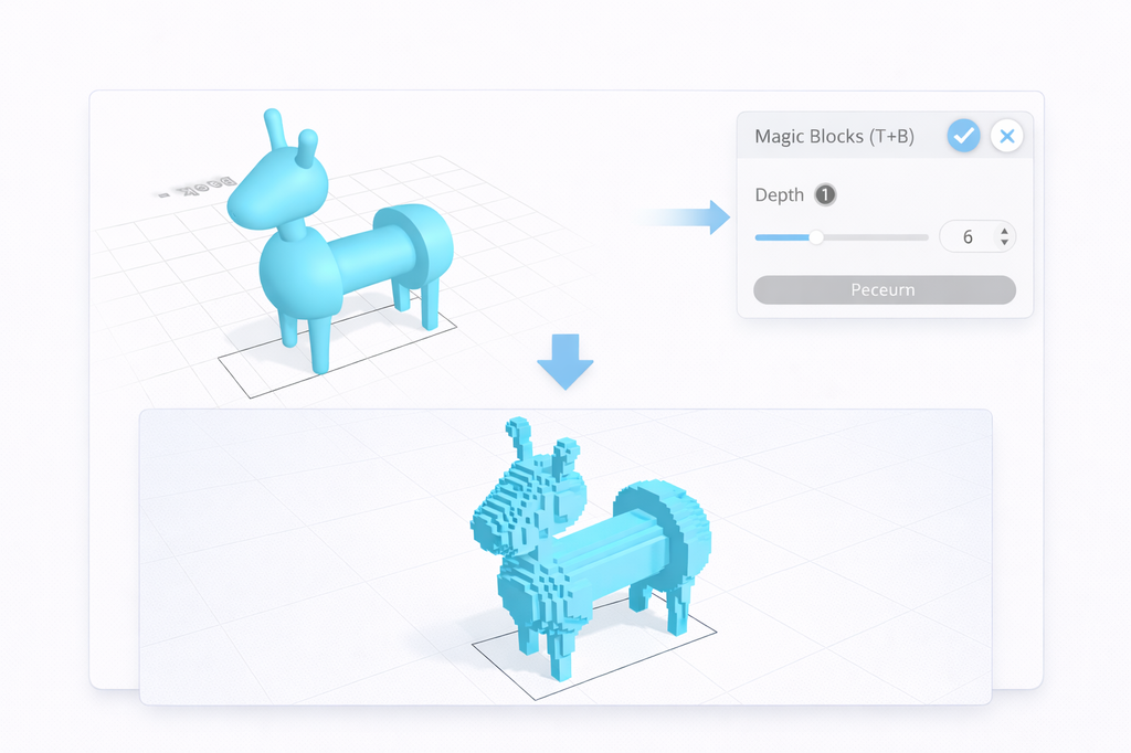 Depth is the main setting of the Magic Blocks tool, and it customizes the overall resolution of the voxels used to rebuild the object. Using low values will generate larger voxels in lower quantities while using higher values will generate a denser and more detailed output.